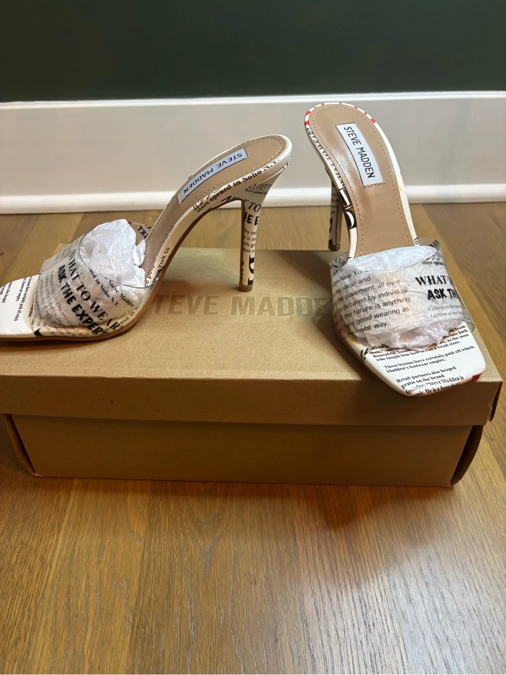 Steve Madden White Newspaper Print Slide Heels with Red Accent